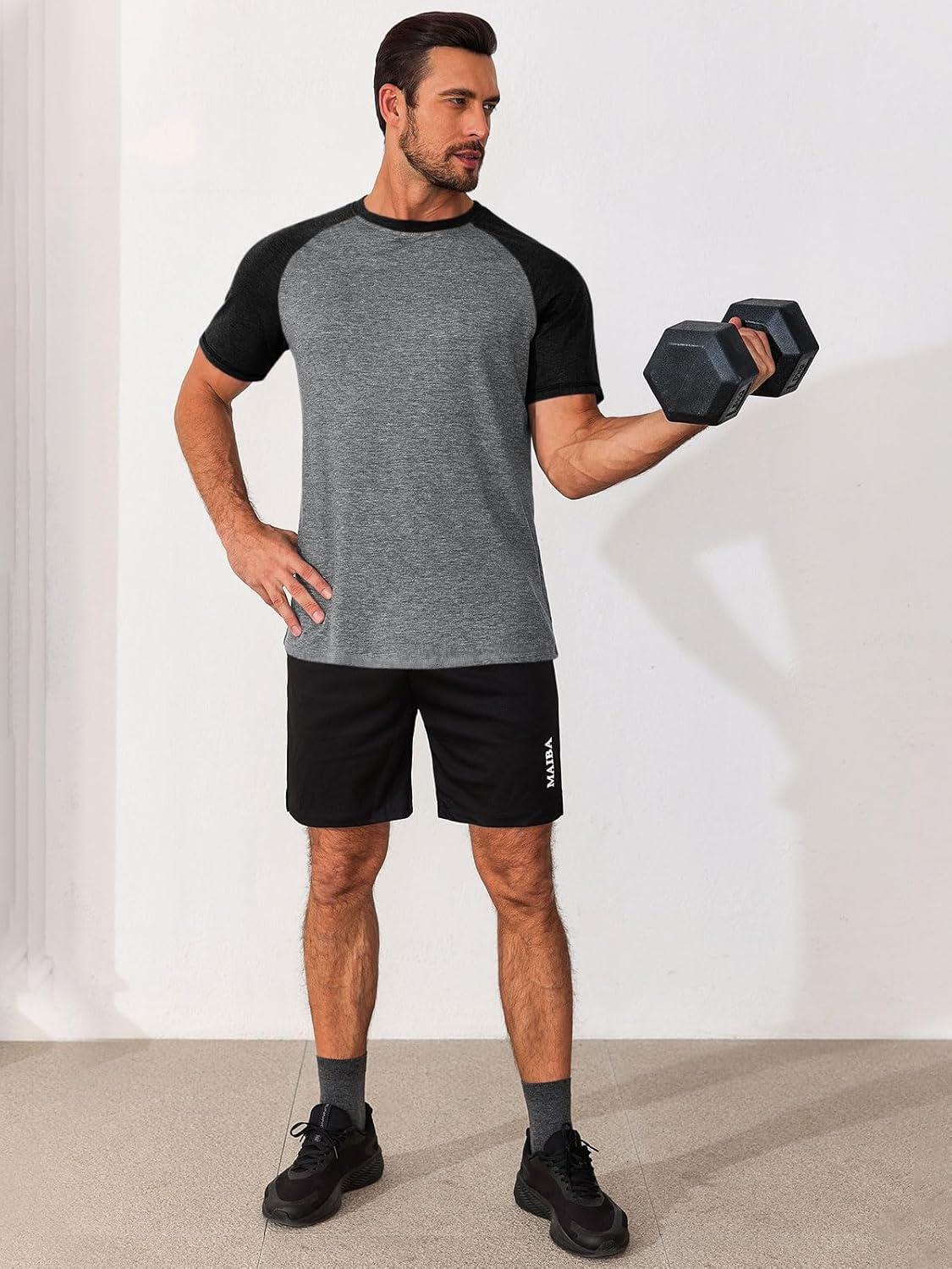 imageRuncati Mens Casual Slim Fit T Shirts Raglan Short Sleeve Crewneck Baseball Tees Color Block Workout Fashion ShirtBlack