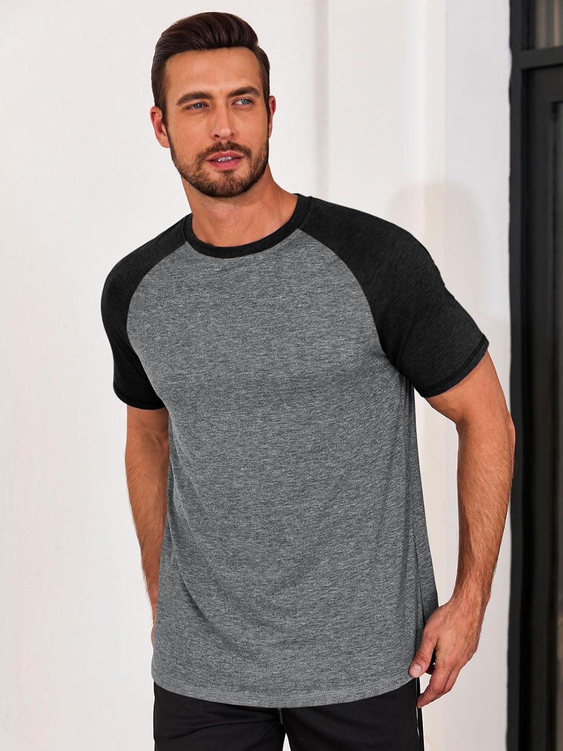 imageRuncati Mens Casual Slim Fit T Shirts Raglan Short Sleeve Crewneck Baseball Tees Color Block Workout Fashion ShirtBlack