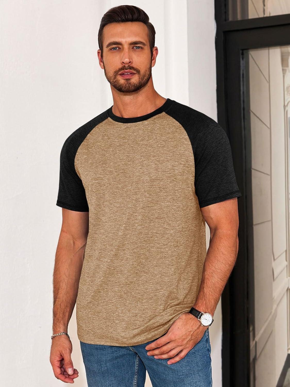 imageRuncati Mens Casual Slim Fit T Shirts Raglan Short Sleeve Crewneck Baseball Tees Color Block Workout Fashion ShirtBrown