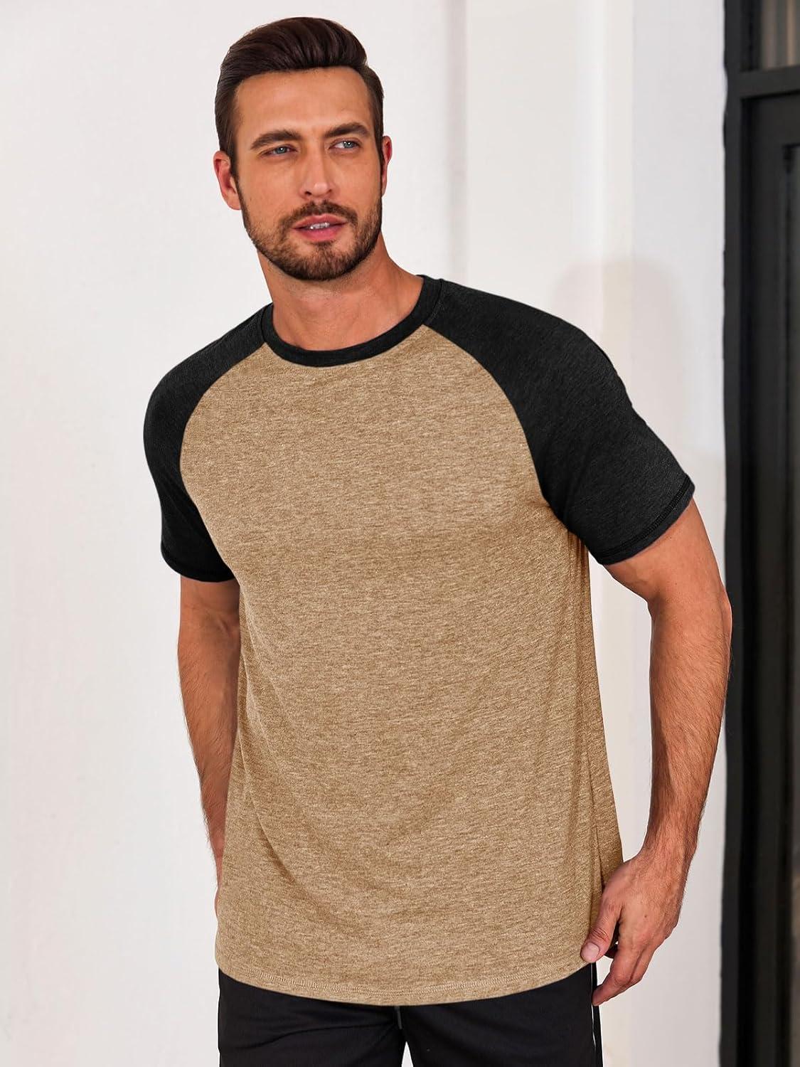 imageRuncati Mens Casual Slim Fit T Shirts Raglan Short Sleeve Crewneck Baseball Tees Color Block Workout Fashion ShirtBrown