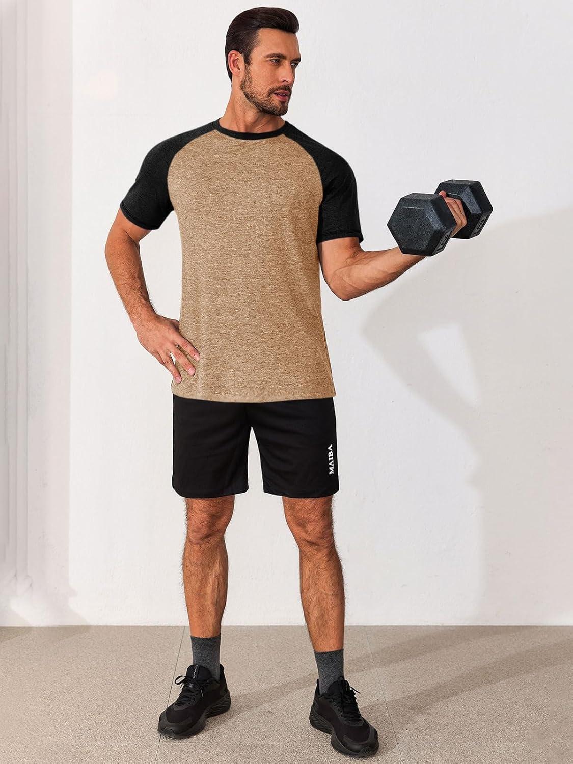 imageRuncati Mens Casual Slim Fit T Shirts Raglan Short Sleeve Crewneck Baseball Tees Color Block Workout Fashion ShirtBrown