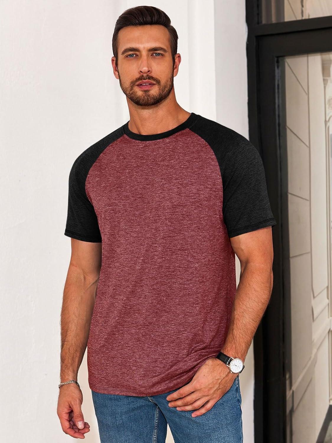 imageRuncati Mens Casual Slim Fit T Shirts Raglan Short Sleeve Crewneck Baseball Tees Color Block Workout Fashion ShirtBurgundy