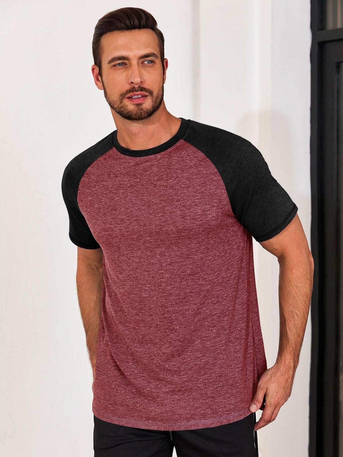 imageRuncati Mens Casual Slim Fit T Shirts Raglan Short Sleeve Crewneck Baseball Tees Color Block Workout Fashion ShirtBurgundy