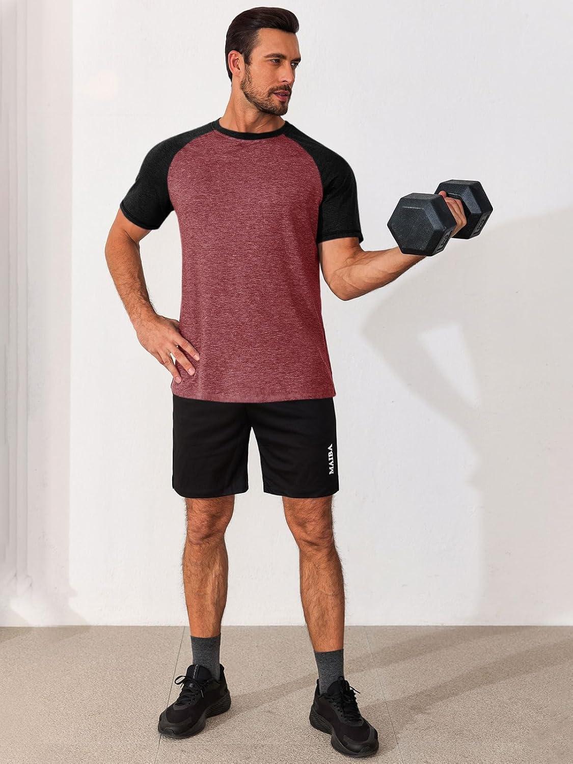 imageRuncati Mens Casual Slim Fit T Shirts Raglan Short Sleeve Crewneck Baseball Tees Color Block Workout Fashion ShirtBurgundy