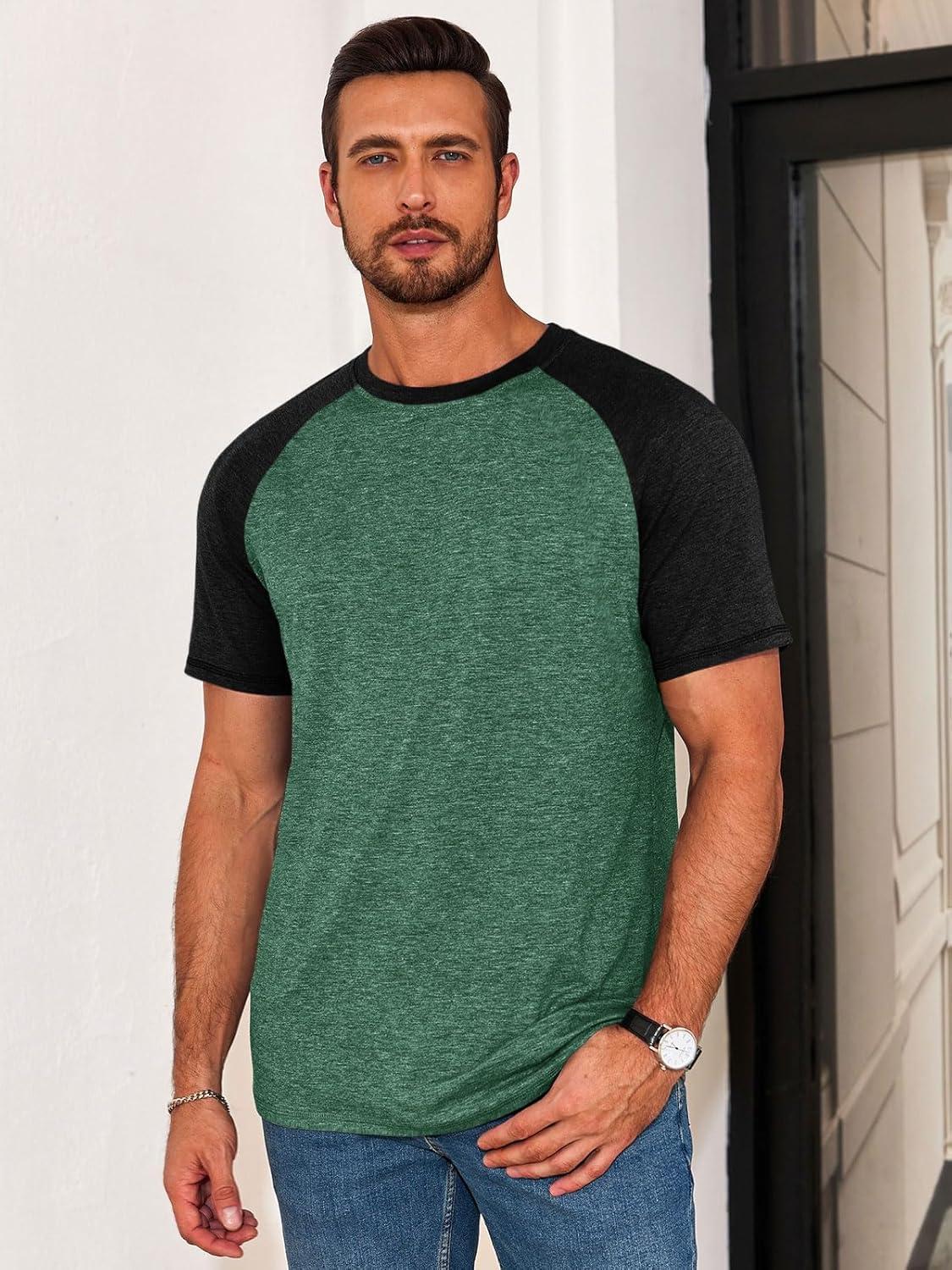 imageRuncati Mens Casual Slim Fit T Shirts Raglan Short Sleeve Crewneck Baseball Tees Color Block Workout Fashion ShirtDark Green