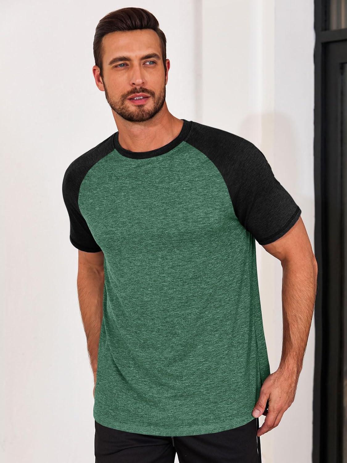 imageRuncati Mens Casual Slim Fit T Shirts Raglan Short Sleeve Crewneck Baseball Tees Color Block Workout Fashion ShirtDark Green