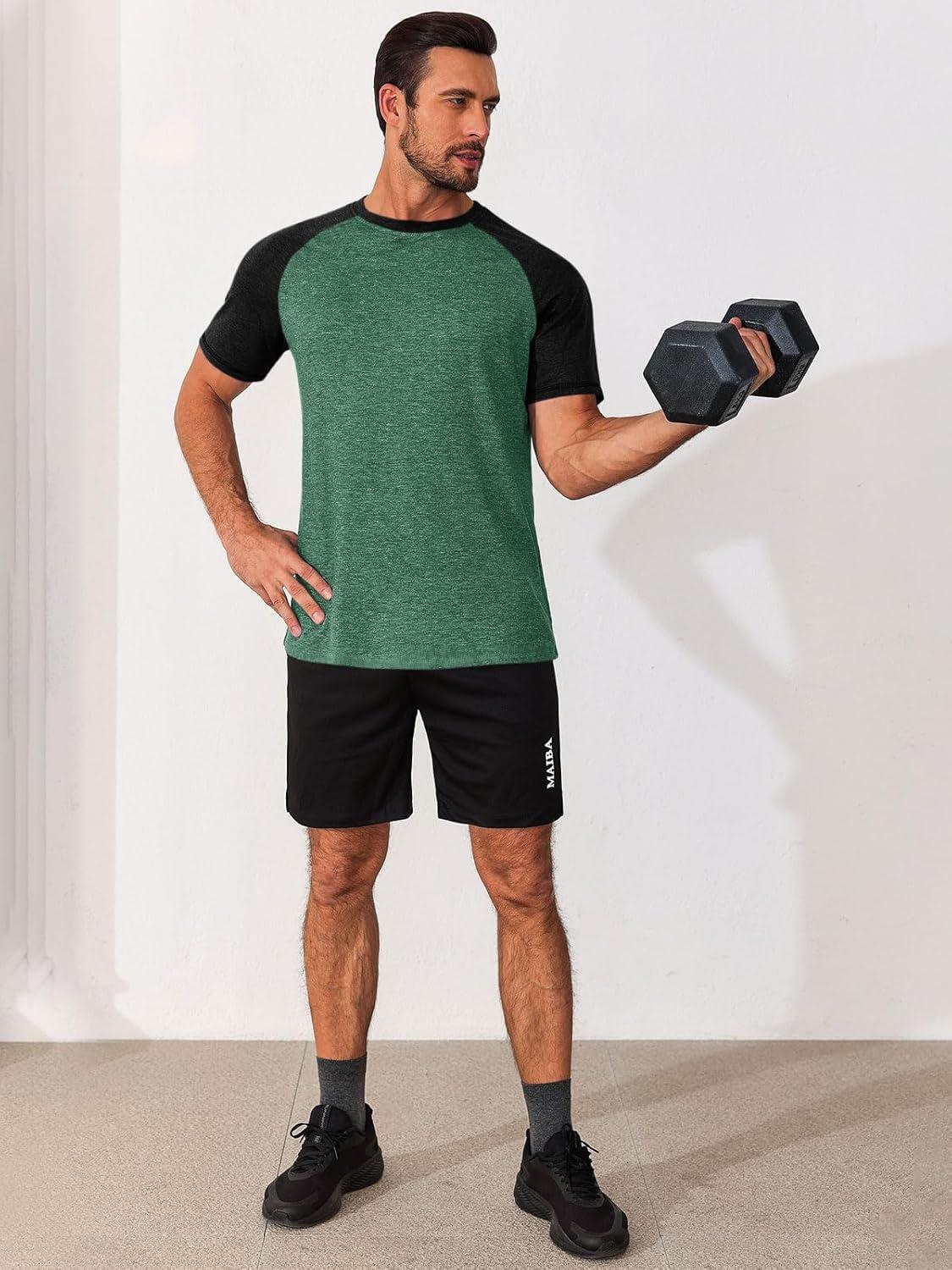 imageRuncati Mens Casual Slim Fit T Shirts Raglan Short Sleeve Crewneck Baseball Tees Color Block Workout Fashion ShirtDark Green