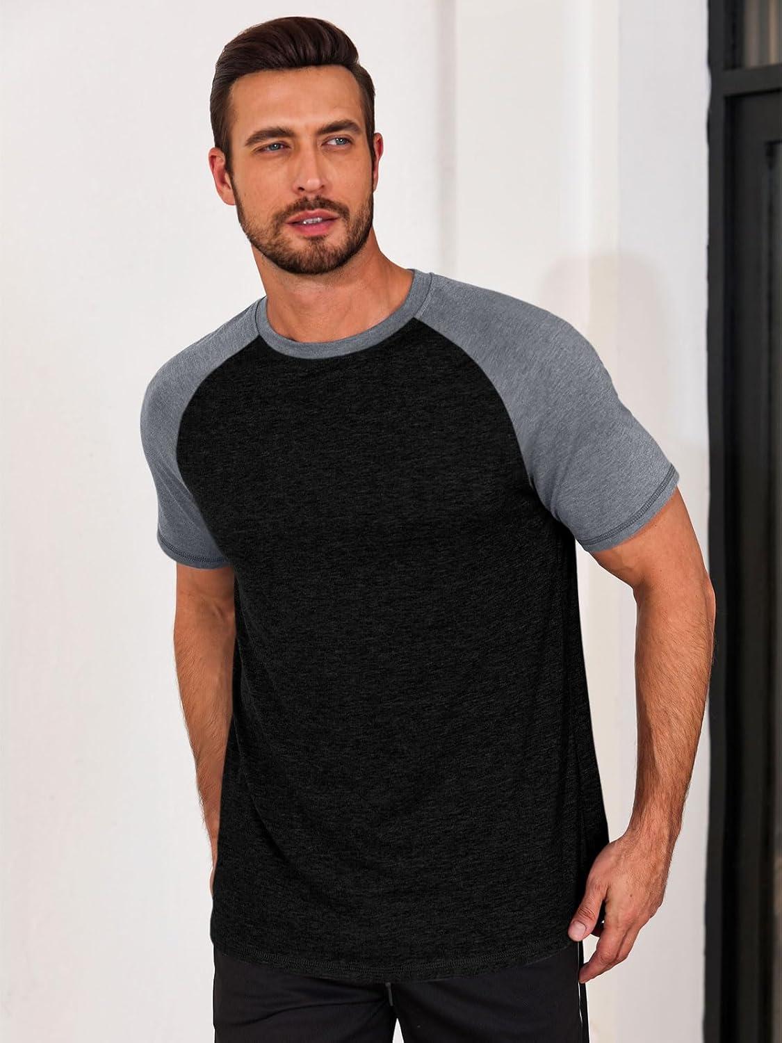 imageRuncati Mens Casual Slim Fit T Shirts Raglan Short Sleeve Crewneck Baseball Tees Color Block Workout Fashion ShirtGrey
