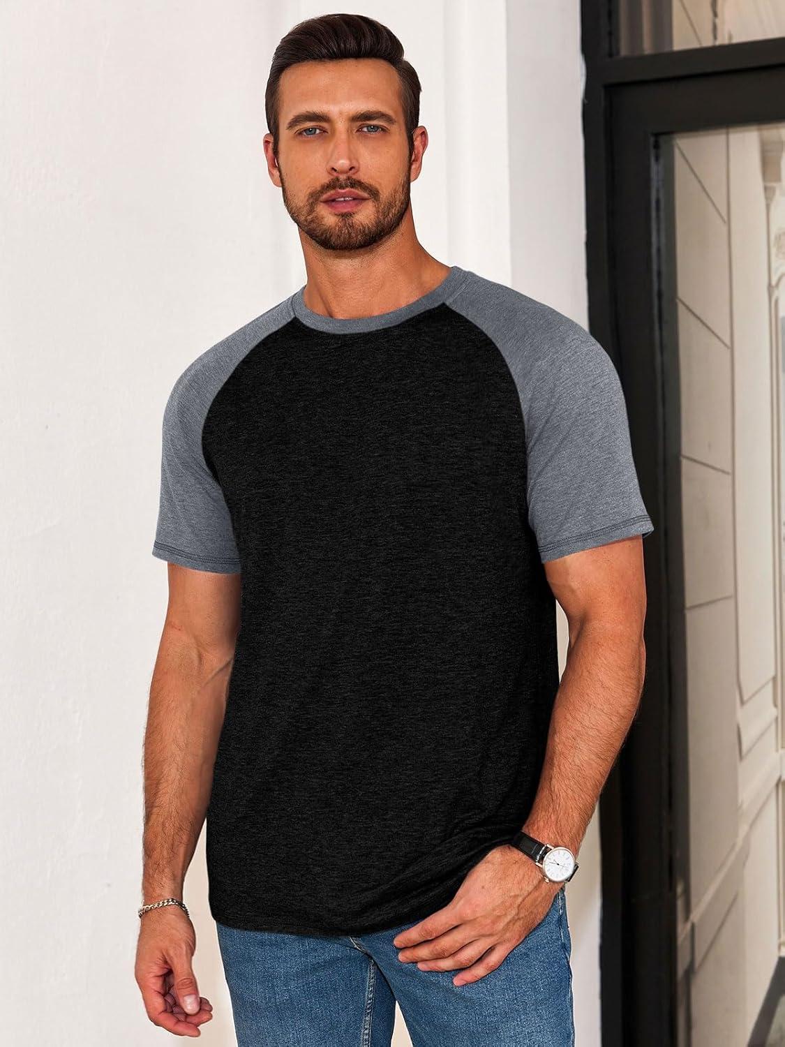 imageRuncati Mens Casual Slim Fit T Shirts Raglan Short Sleeve Crewneck Baseball Tees Color Block Workout Fashion ShirtGrey