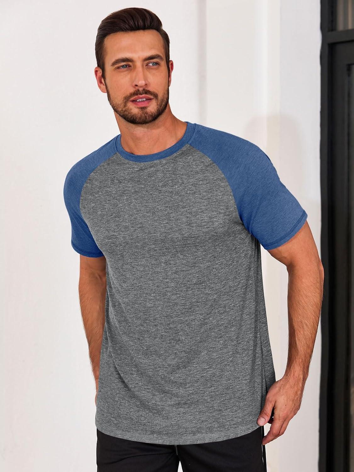 imageRuncati Mens Casual Slim Fit T Shirts Raglan Short Sleeve Crewneck Baseball Tees Color Block Workout Fashion ShirtLight Grey