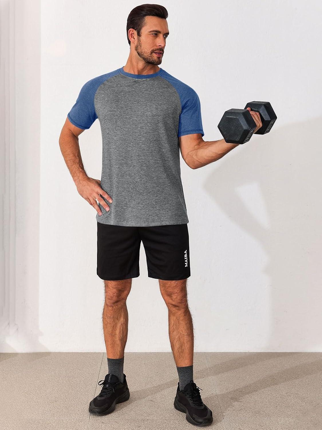imageRuncati Mens Casual Slim Fit T Shirts Raglan Short Sleeve Crewneck Baseball Tees Color Block Workout Fashion ShirtLight Grey