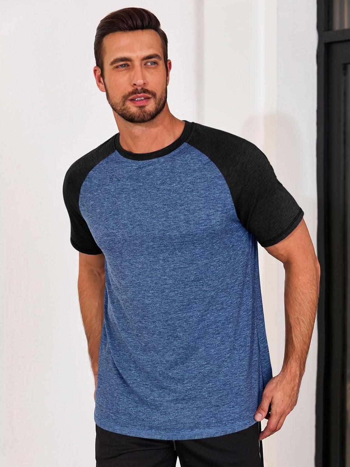 imageRuncati Mens Casual Slim Fit T Shirts Raglan Short Sleeve Crewneck Baseball Tees Color Block Workout Fashion ShirtNavy Blue