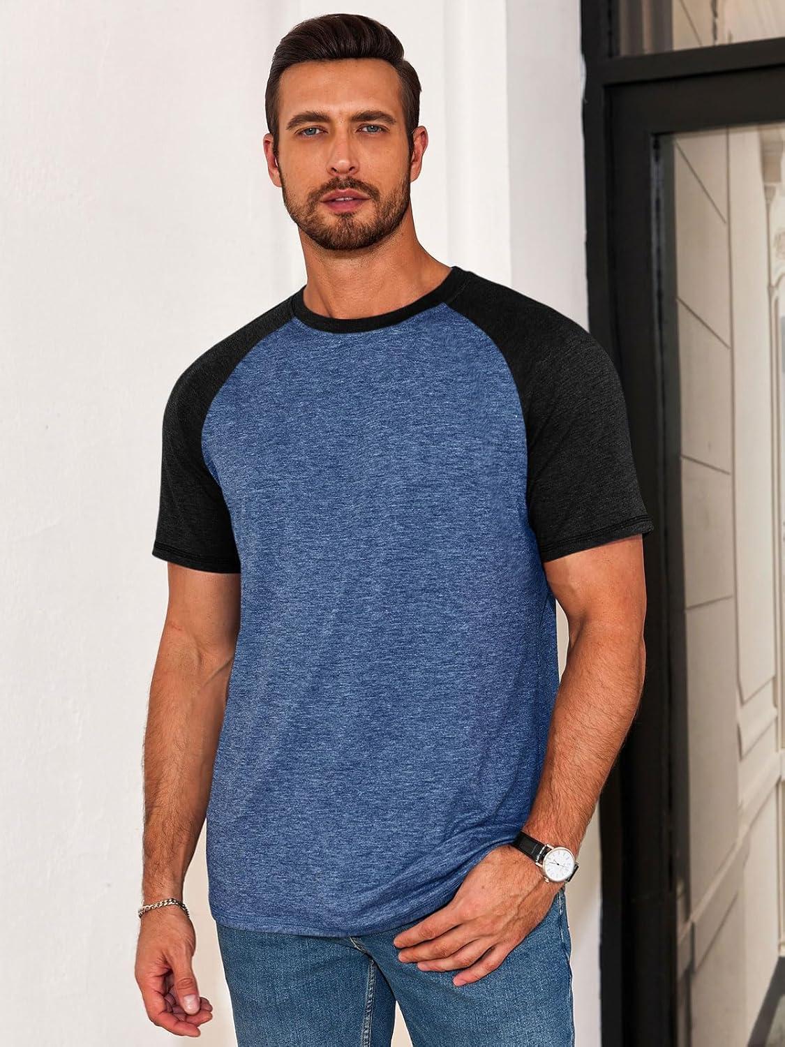 imageRuncati Mens Casual Slim Fit T Shirts Raglan Short Sleeve Crewneck Baseball Tees Color Block Workout Fashion ShirtNavy Blue
