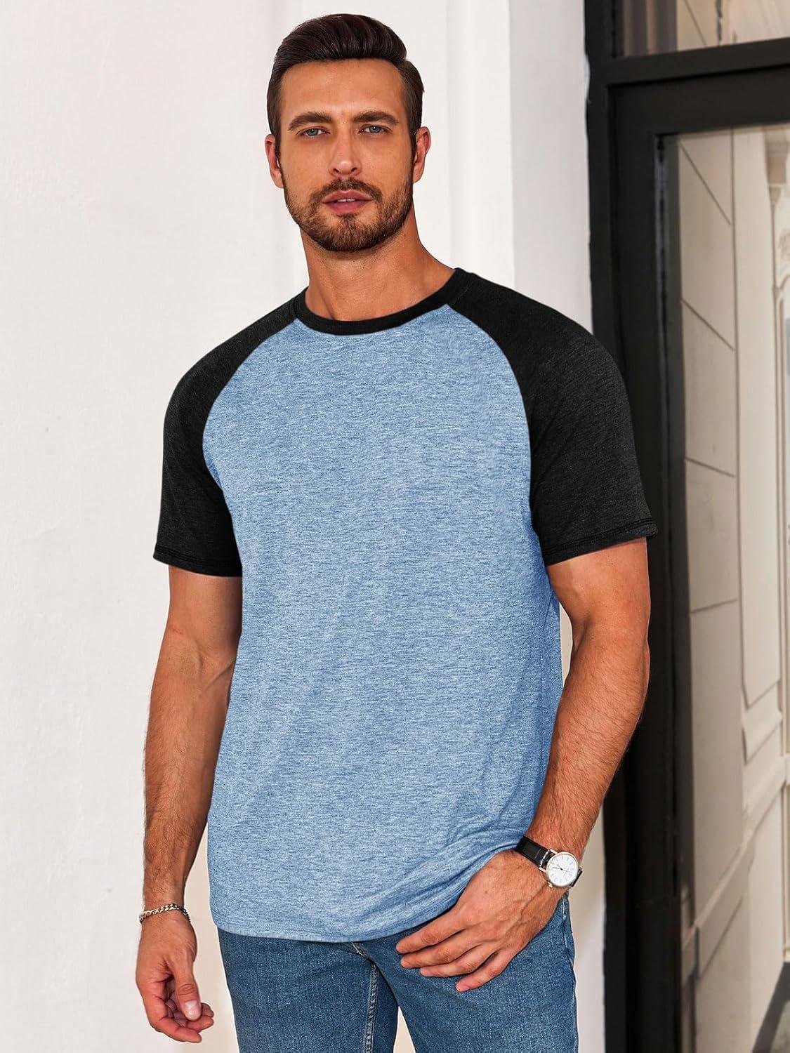 imageRuncati Mens Casual Slim Fit T Shirts Raglan Short Sleeve Crewneck Baseball Tees Color Block Workout Fashion ShirtSky Blue