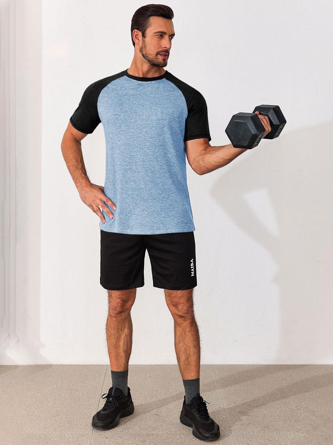 imageRuncati Mens Casual Slim Fit T Shirts Raglan Short Sleeve Crewneck Baseball Tees Color Block Workout Fashion ShirtSky Blue