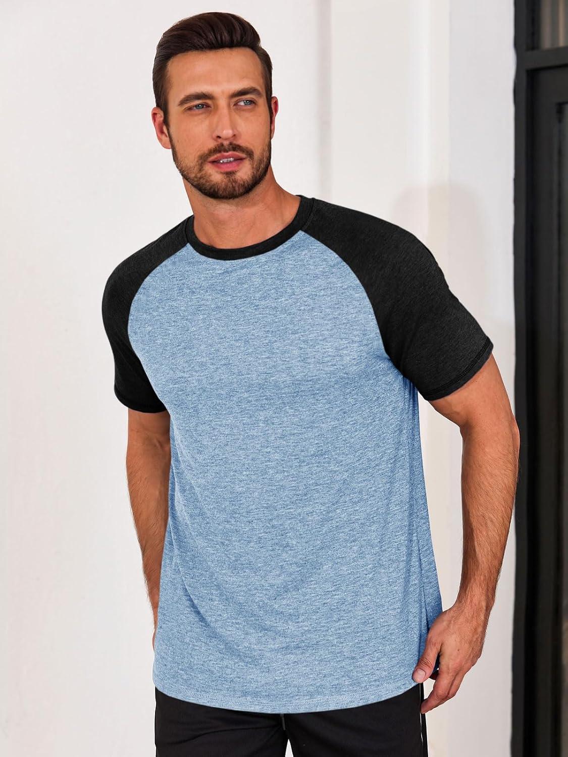 imageRuncati Mens Casual Slim Fit T Shirts Raglan Short Sleeve Crewneck Baseball Tees Color Block Workout Fashion ShirtSky Blue