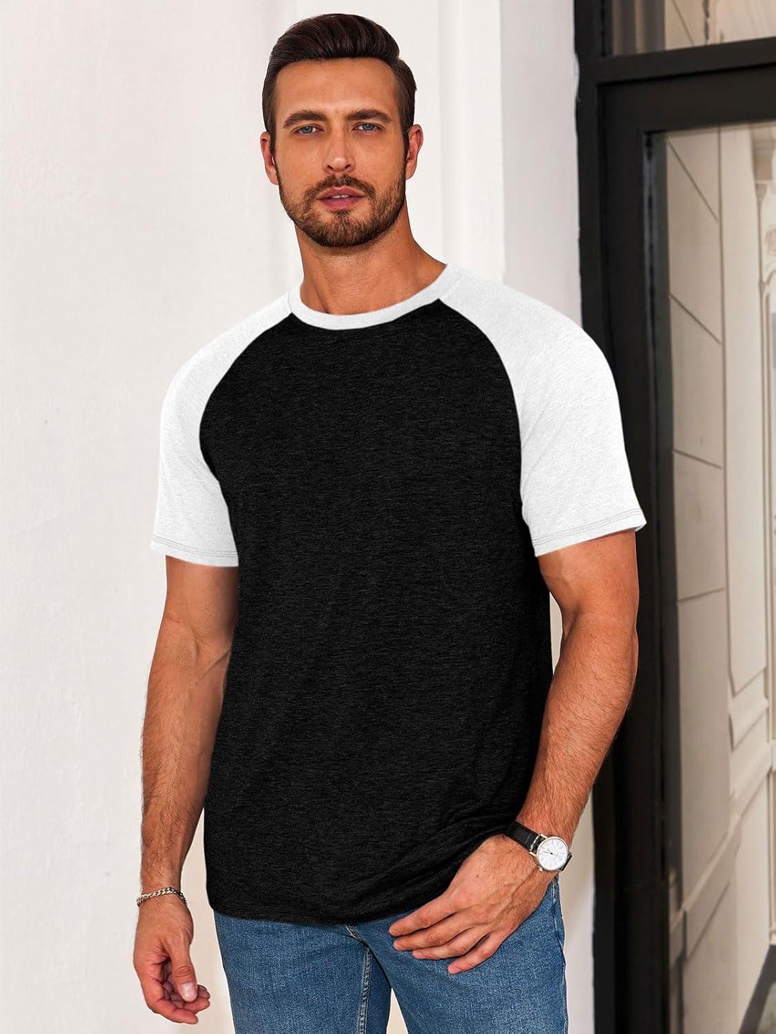 imageRuncati Mens Casual Slim Fit T Shirts Raglan Short Sleeve Crewneck Baseball Tees Color Block Workout Fashion ShirtWhite