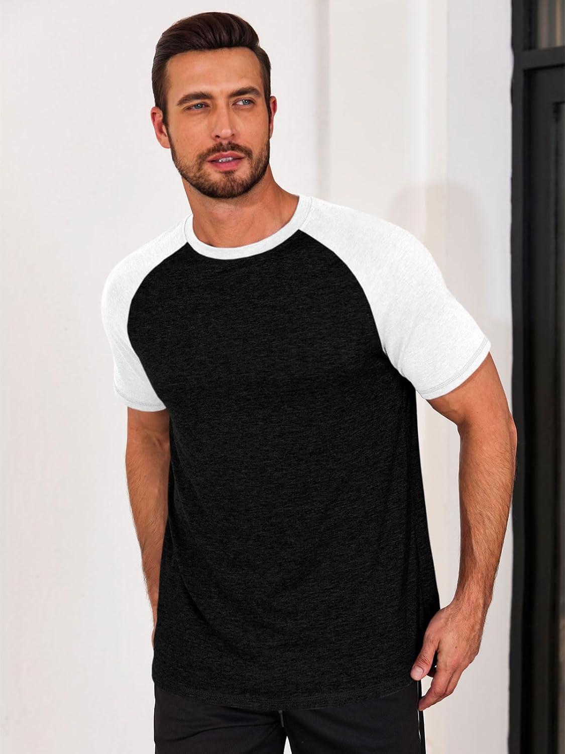imageRuncati Mens Casual Slim Fit T Shirts Raglan Short Sleeve Crewneck Baseball Tees Color Block Workout Fashion ShirtWhite