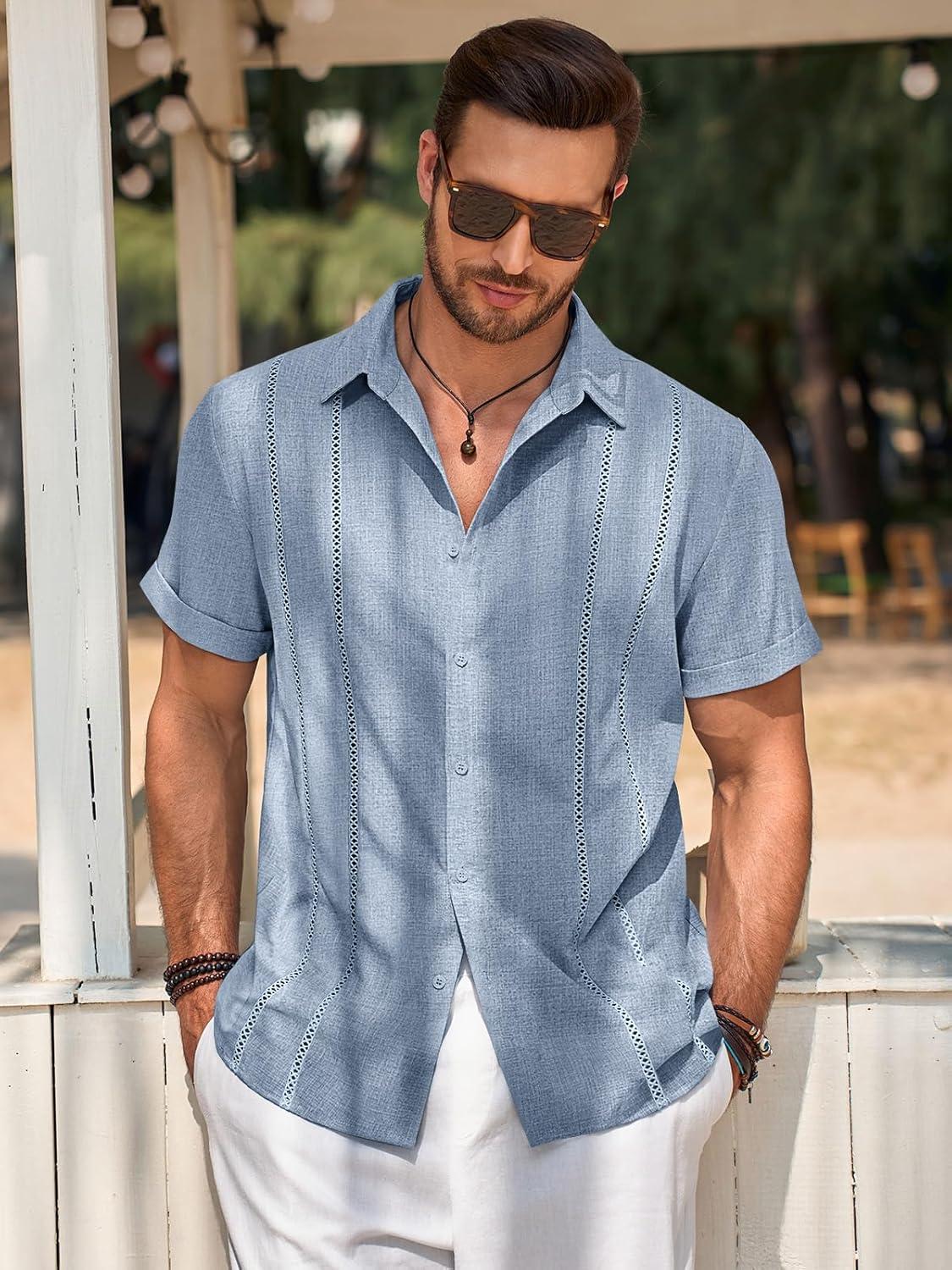 imageRuncati Mens Guayabera Shirts Short Sleeve Casual Cuban Linen Shirt Button Down Beach Summer Mexican ShirtsBaby Blue