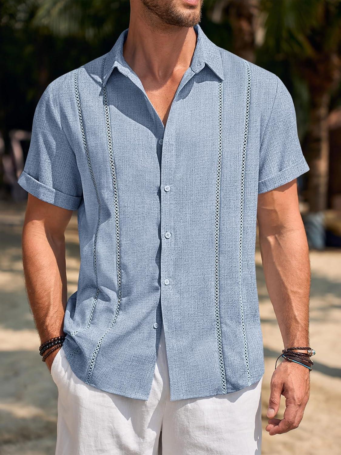 imageRuncati Mens Guayabera Shirts Short Sleeve Casual Cuban Linen Shirt Button Down Beach Summer Mexican ShirtsBaby Blue