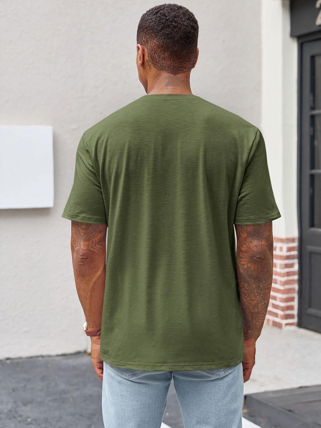 imageRuncati Mens Henley Shirt Short Sleeve Casual Button Basic Tees Slim Fit Stretch Summer T ShirtsArmy Green