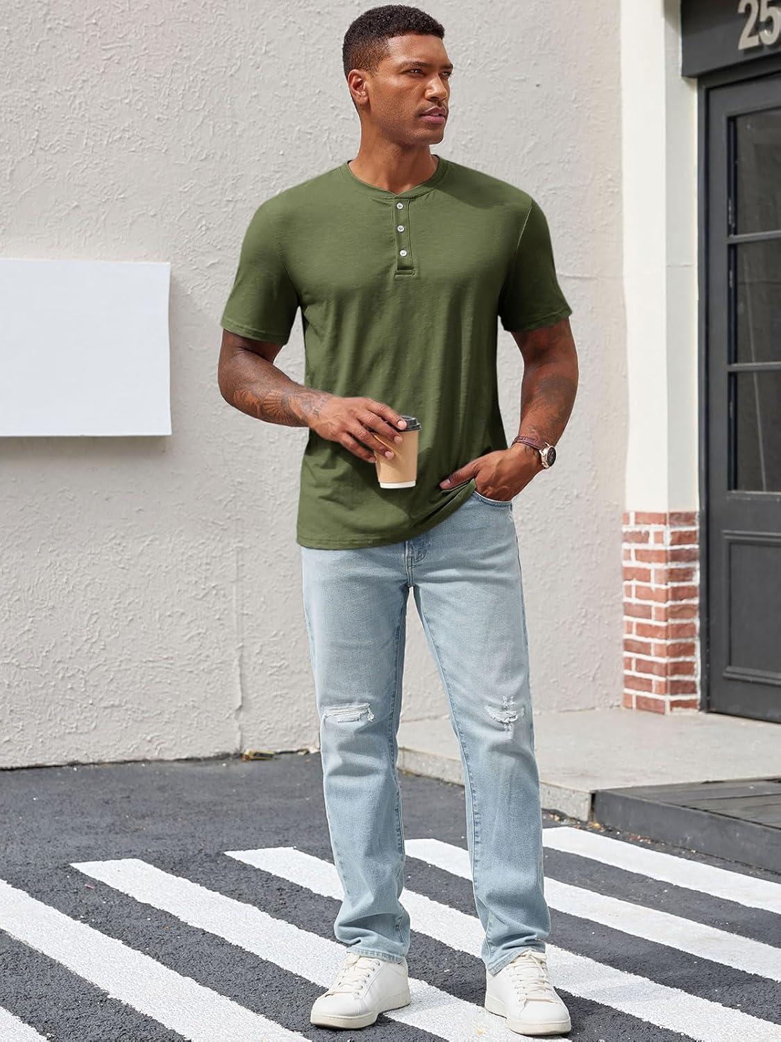 imageRuncati Mens Henley Shirt Short Sleeve Casual Button Basic Tees Slim Fit Stretch Summer T ShirtsArmy Green