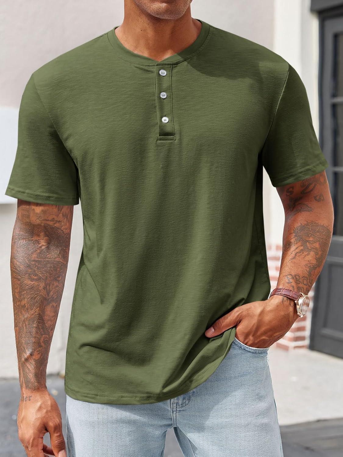 imageRuncati Mens Henley Shirt Short Sleeve Casual Button Basic Tees Slim Fit Stretch Summer T ShirtsArmy Green