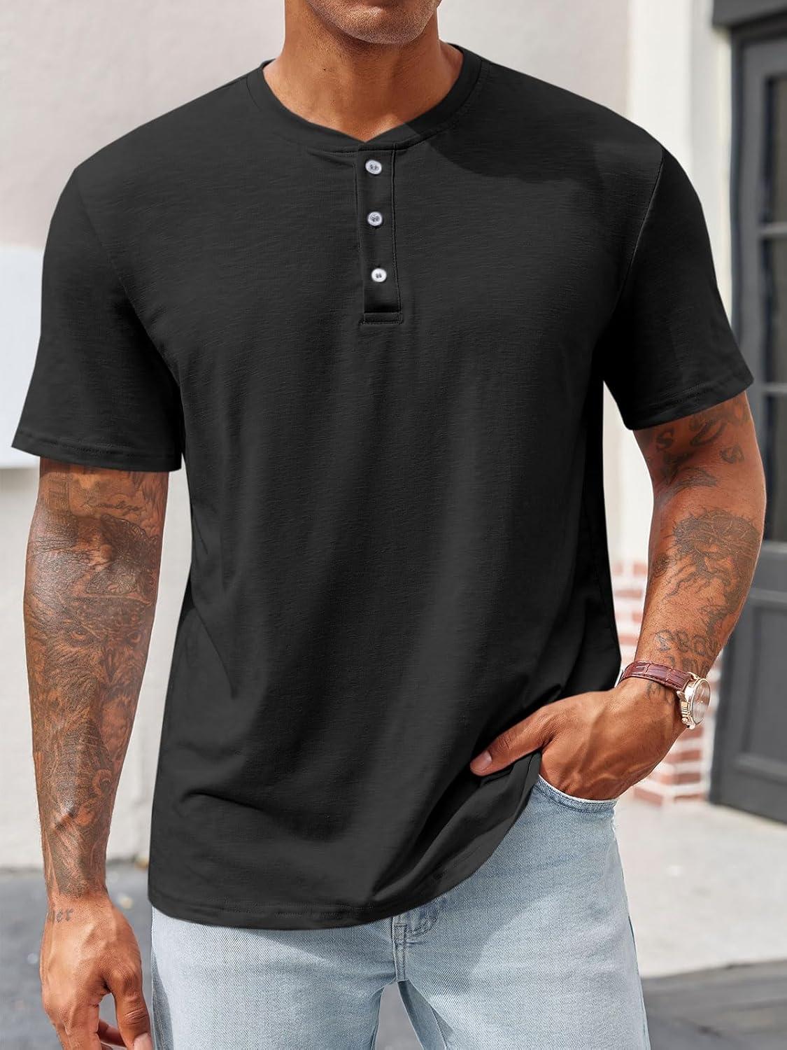 imageRuncati Mens Henley Shirt Short Sleeve Casual Button Basic Tees Slim Fit Stretch Summer T ShirtsBlack