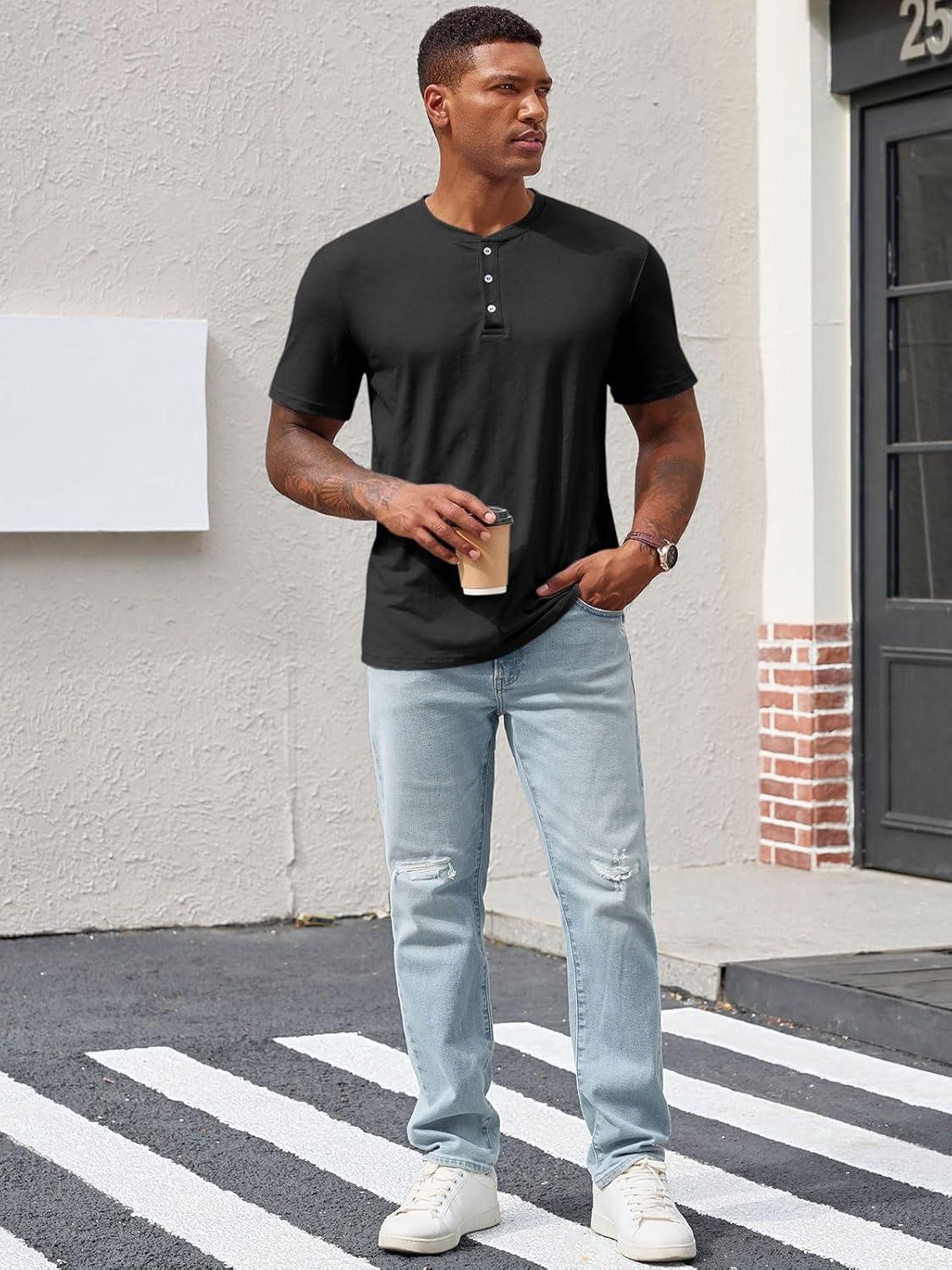 imageRuncati Mens Henley Shirt Short Sleeve Casual Button Basic Tees Slim Fit Stretch Summer T ShirtsBlack