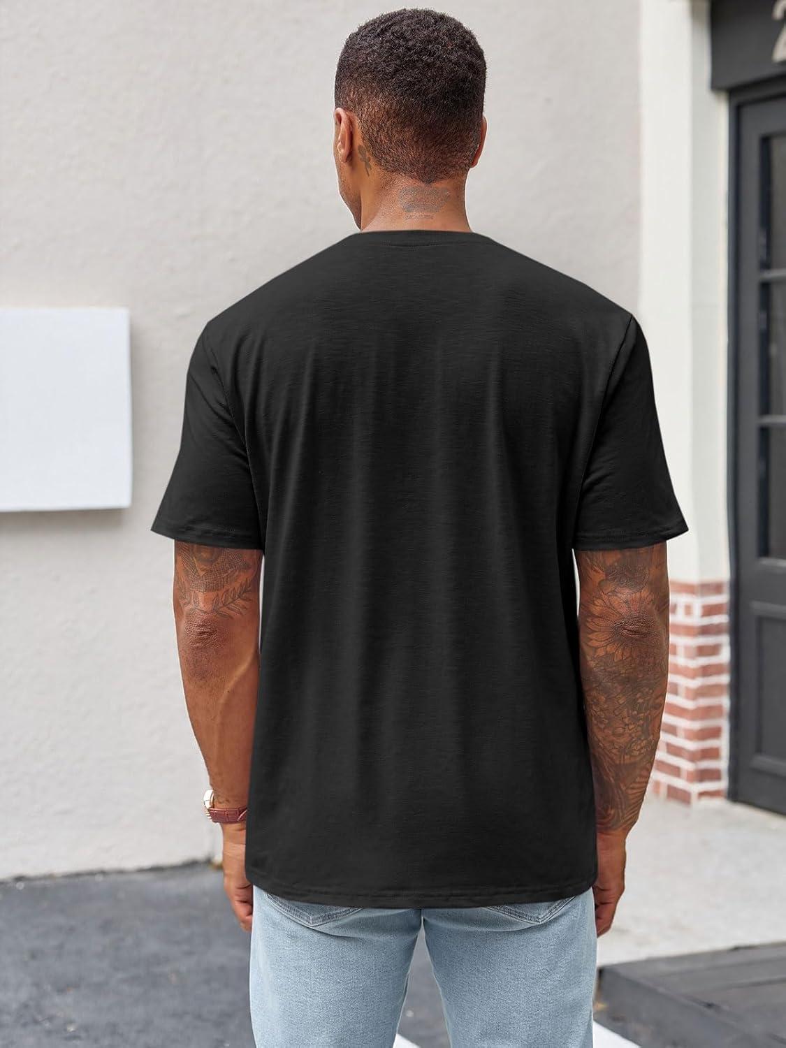 imageRuncati Mens Henley Shirt Short Sleeve Casual Button Basic Tees Slim Fit Stretch Summer T ShirtsBlack