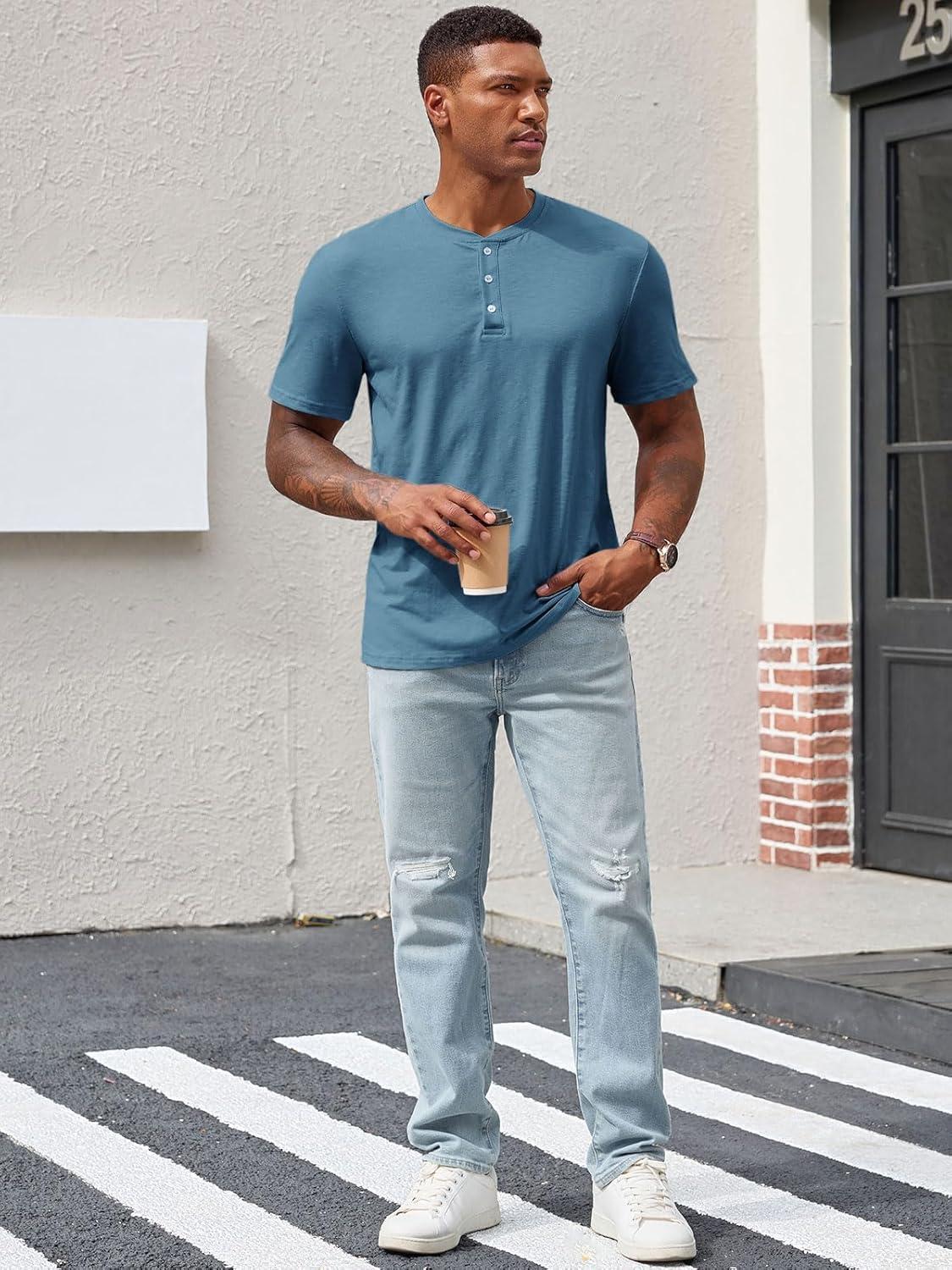 imageRuncati Mens Henley Shirt Short Sleeve Casual Button Basic Tees Slim Fit Stretch Summer T ShirtsBluish Grey