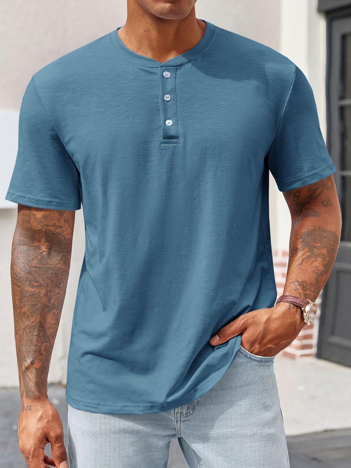 imageRuncati Mens Henley Shirt Short Sleeve Casual Button Basic Tees Slim Fit Stretch Summer T ShirtsBluish Grey