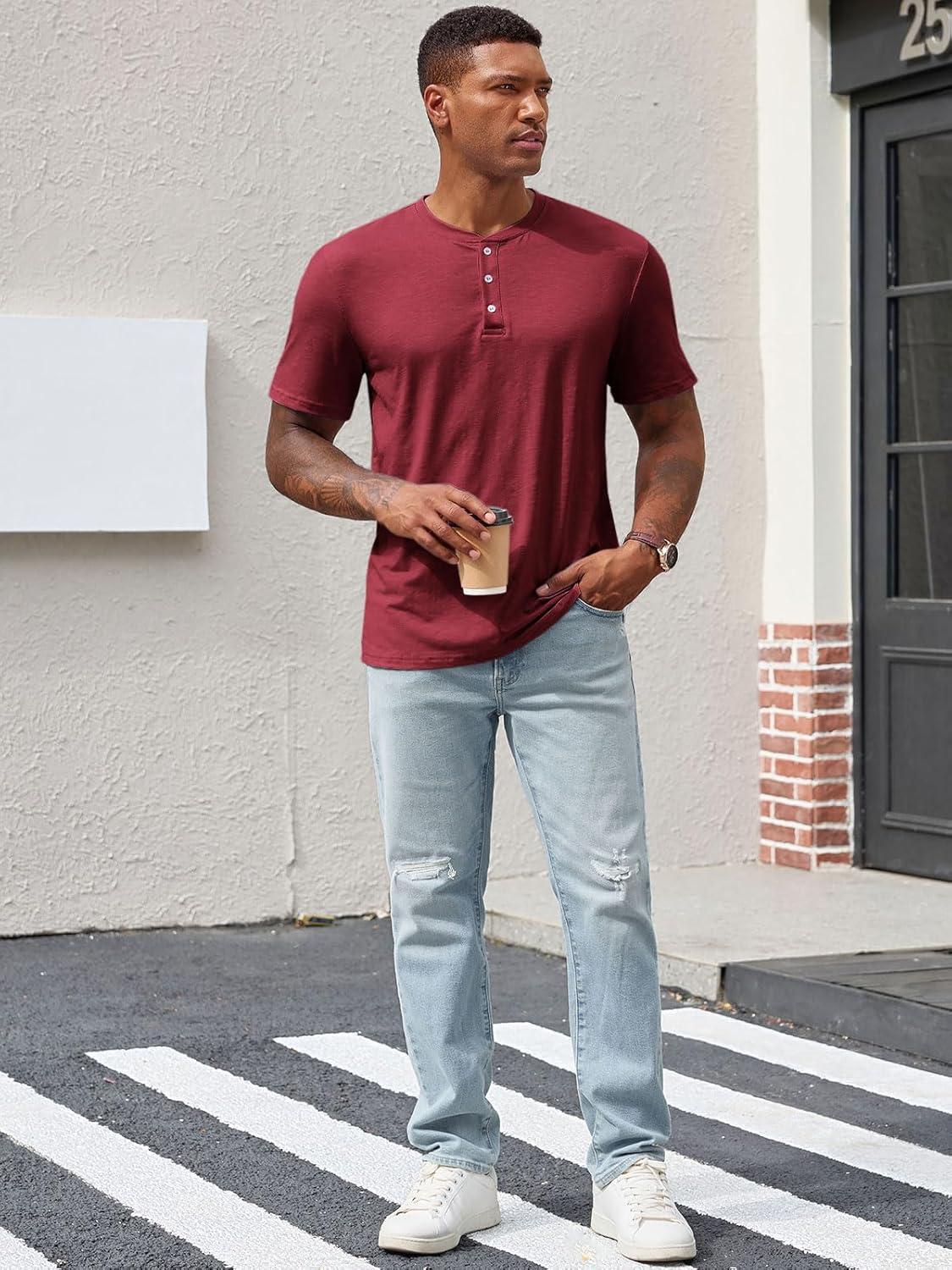 imageRuncati Mens Henley Shirt Short Sleeve Casual Button Basic Tees Slim Fit Stretch Summer T ShirtsBurgundy