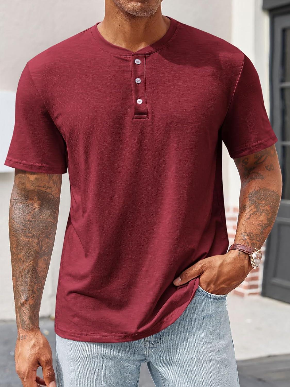 imageRuncati Mens Henley Shirt Short Sleeve Casual Button Basic Tees Slim Fit Stretch Summer T ShirtsBurgundy
