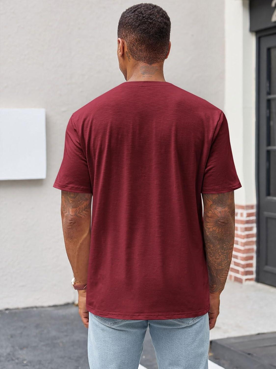 imageRuncati Mens Henley Shirt Short Sleeve Casual Button Basic Tees Slim Fit Stretch Summer T ShirtsBurgundy
