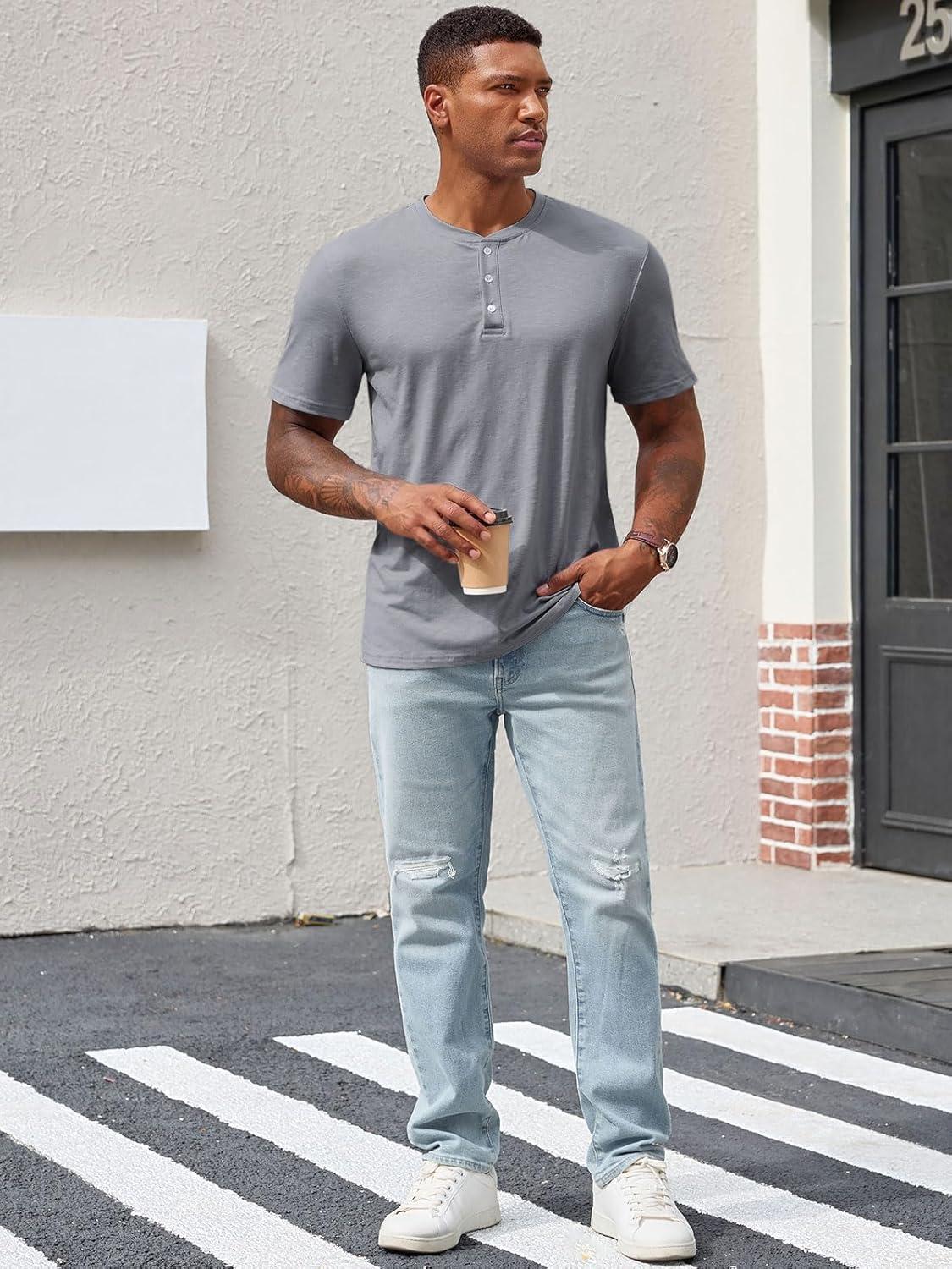 imageRuncati Mens Henley Shirt Short Sleeve Casual Button Basic Tees Slim Fit Stretch Summer T ShirtsDark Grey