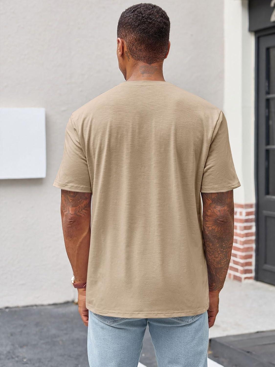 imageRuncati Mens Henley Shirt Short Sleeve Casual Button Basic Tees Slim Fit Stretch Summer T ShirtsKhaki