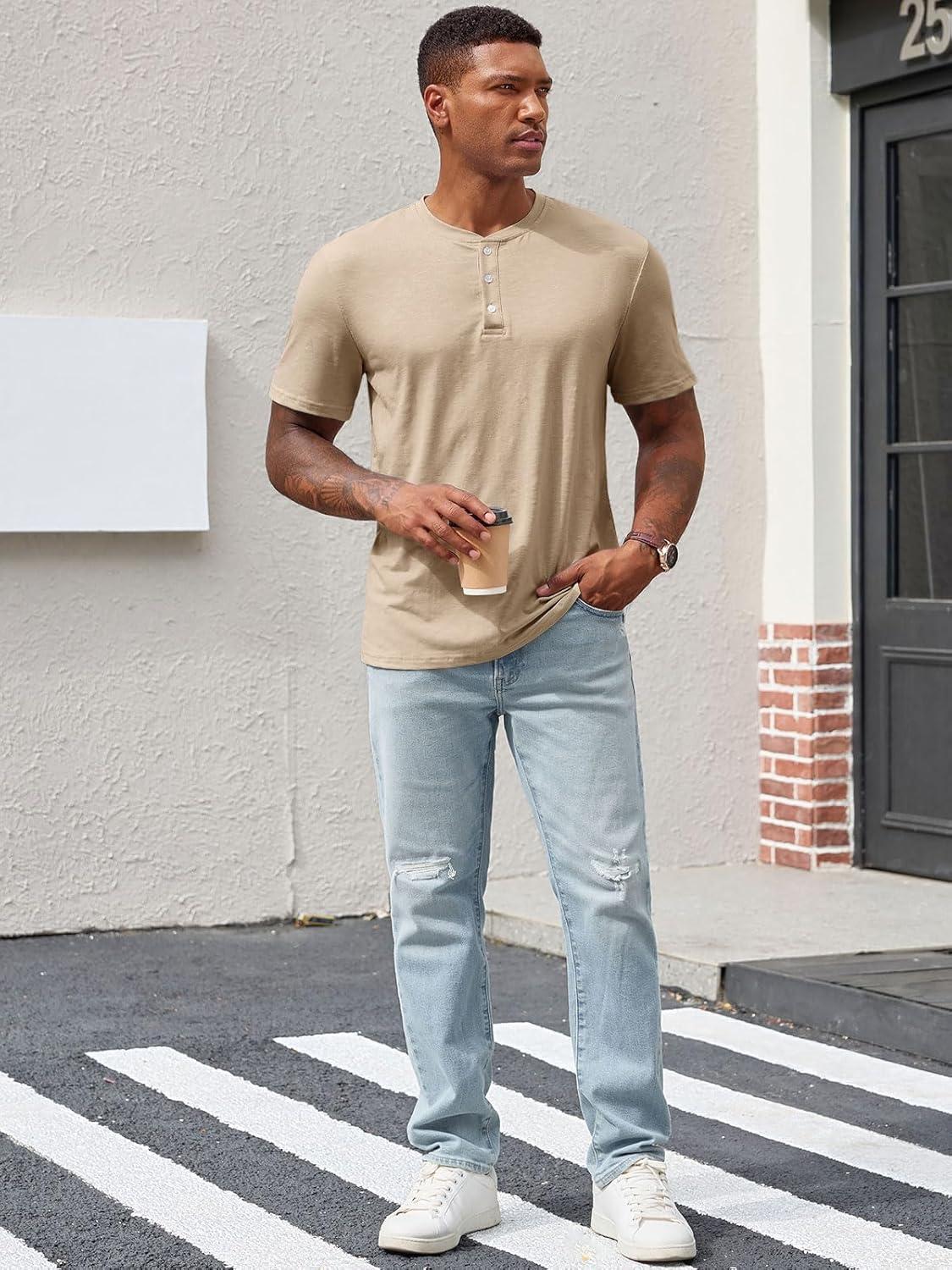 imageRuncati Mens Henley Shirt Short Sleeve Casual Button Basic Tees Slim Fit Stretch Summer T ShirtsKhaki