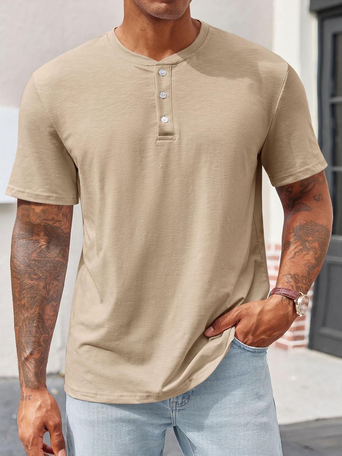 imageRuncati Mens Henley Shirt Short Sleeve Casual Button Basic Tees Slim Fit Stretch Summer T ShirtsKhaki