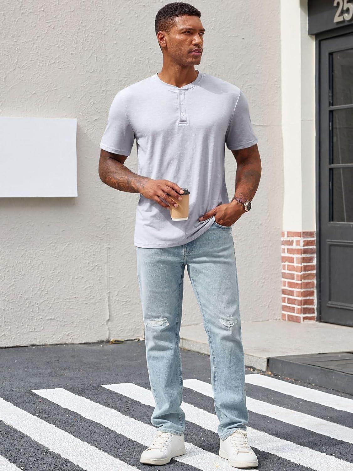 imageRuncati Mens Henley Shirt Short Sleeve Casual Button Basic Tees Slim Fit Stretch Summer T ShirtsLight Grey