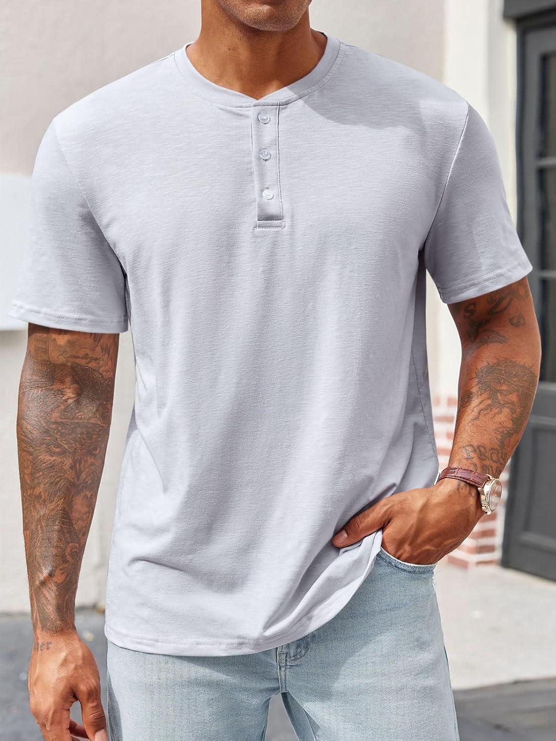 imageRuncati Mens Henley Shirt Short Sleeve Casual Button Basic Tees Slim Fit Stretch Summer T ShirtsLight Grey