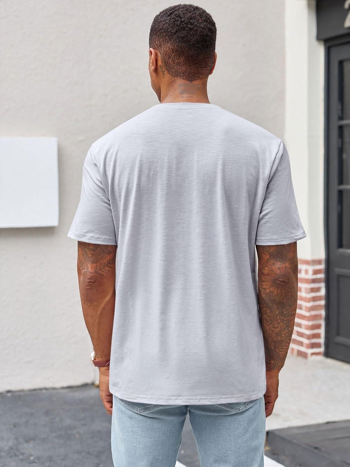 imageRuncati Mens Henley Shirt Short Sleeve Casual Button Basic Tees Slim Fit Stretch Summer T ShirtsLight Grey