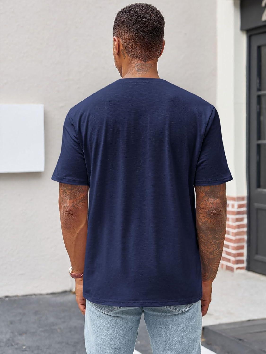 imageRuncati Mens Henley Shirt Short Sleeve Casual Button Basic Tees Slim Fit Stretch Summer T ShirtsNavy