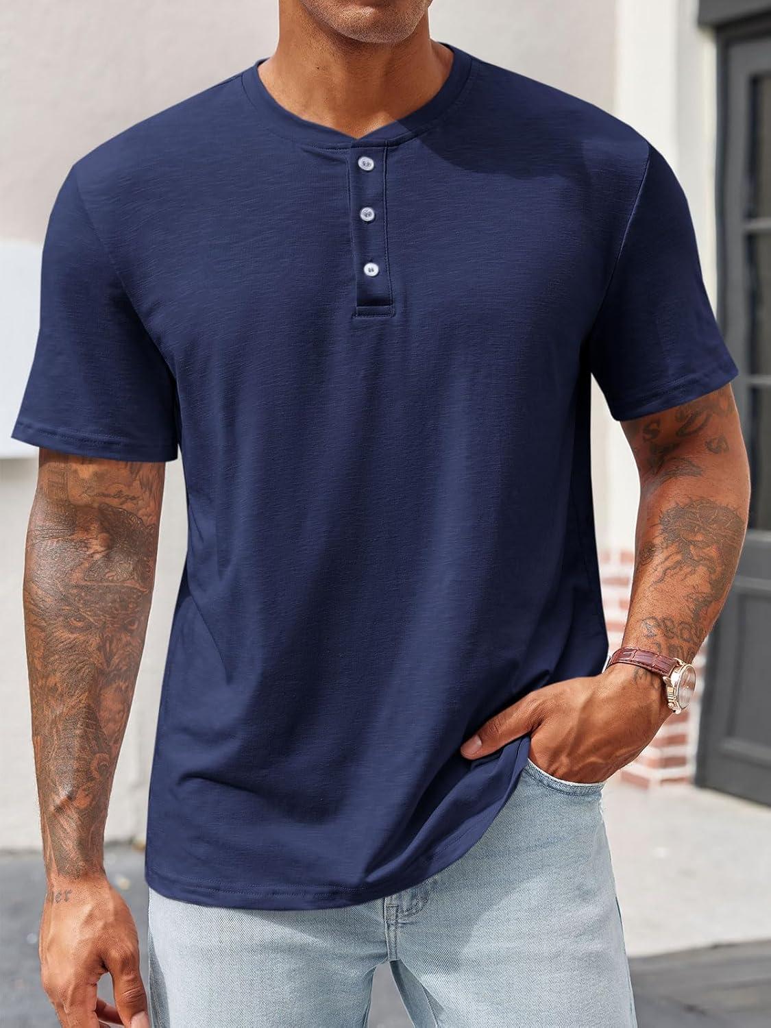imageRuncati Mens Henley Shirt Short Sleeve Casual Button Basic Tees Slim Fit Stretch Summer T ShirtsNavy
