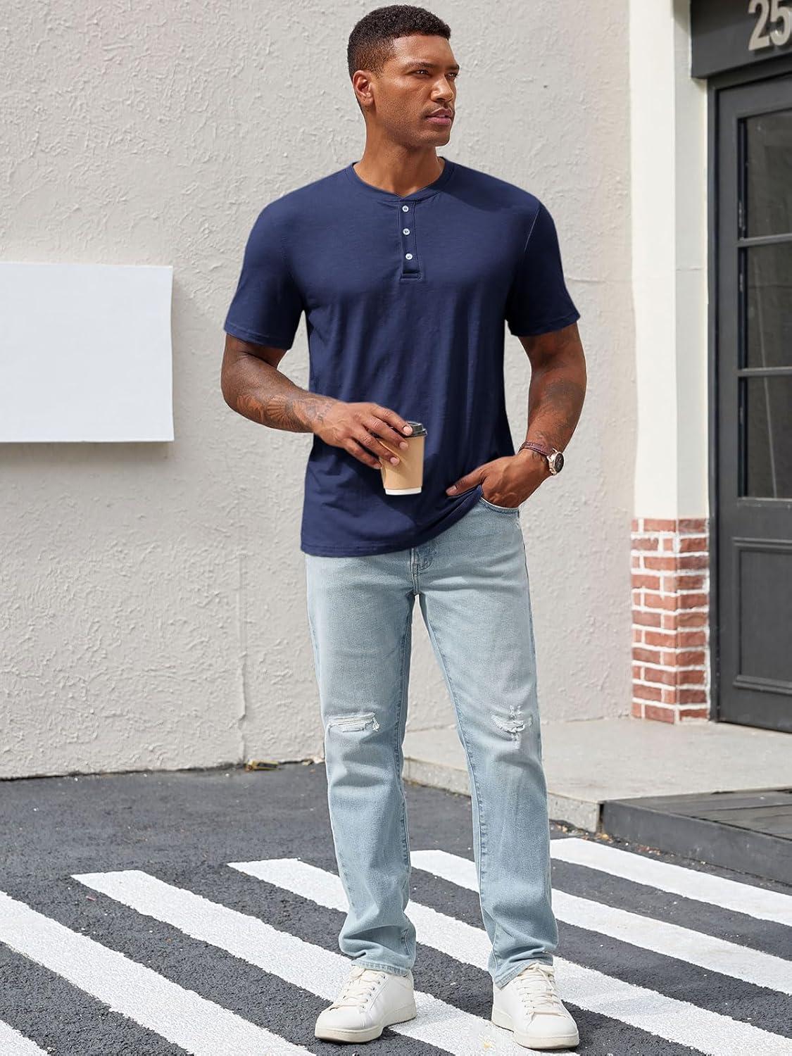 imageRuncati Mens Henley Shirt Short Sleeve Casual Button Basic Tees Slim Fit Stretch Summer T ShirtsNavy