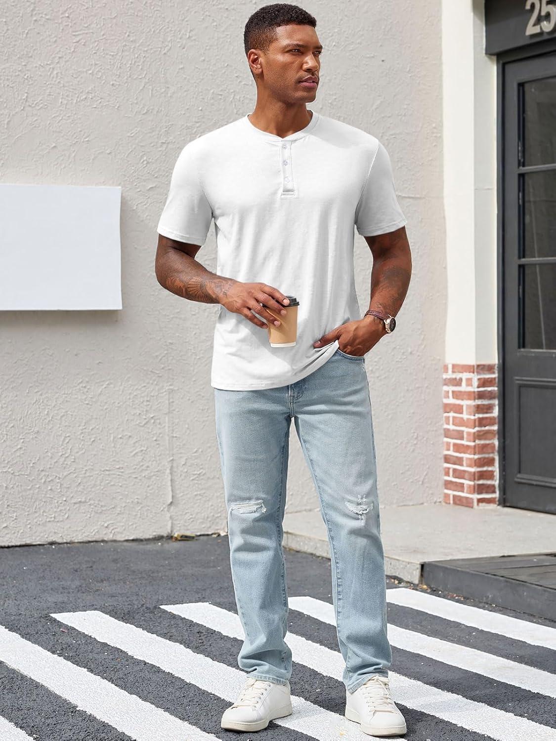 imageRuncati Mens Henley Shirt Short Sleeve Casual Button Basic Tees Slim Fit Stretch Summer T ShirtsWhite