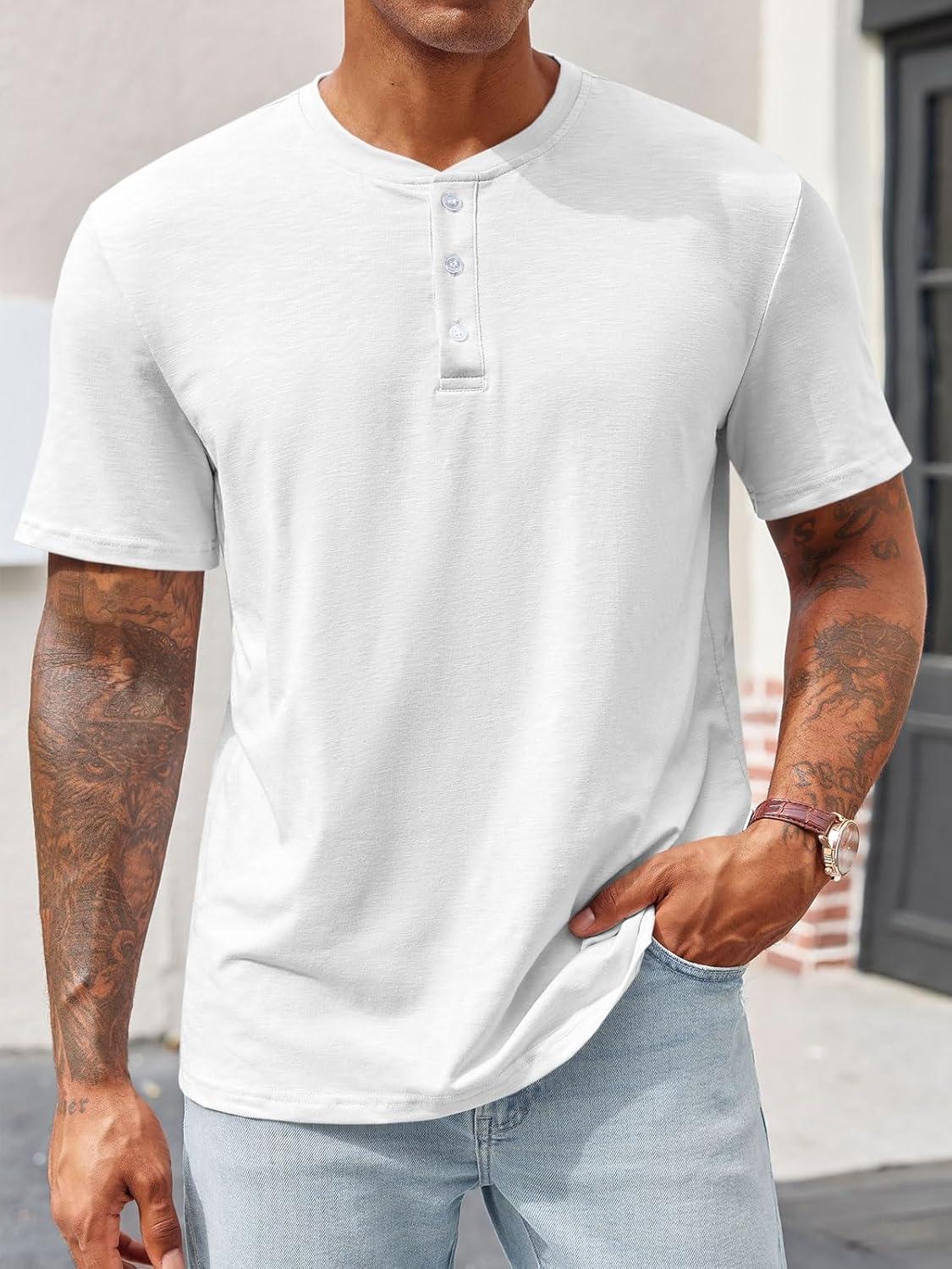 imageRuncati Mens Henley Shirt Short Sleeve Casual Button Basic Tees Slim Fit Stretch Summer T ShirtsWhite