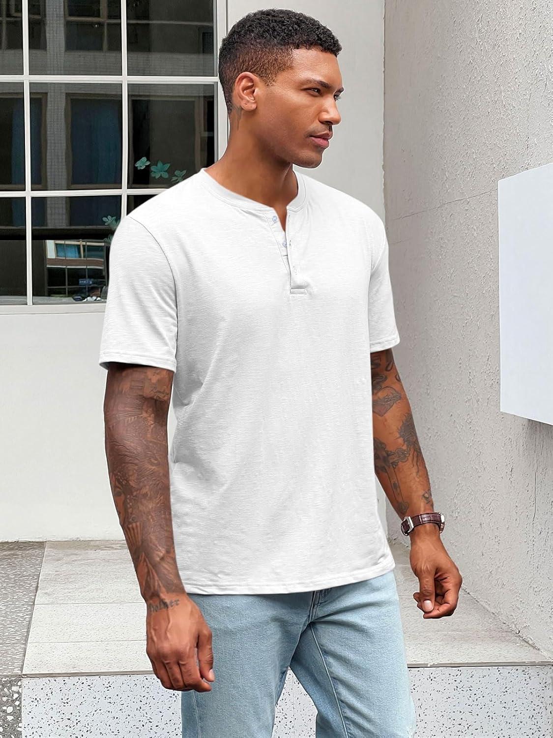 imageRuncati Mens Henley Shirt Short Sleeve Casual Button Basic Tees Slim Fit Stretch Summer T ShirtsWhite