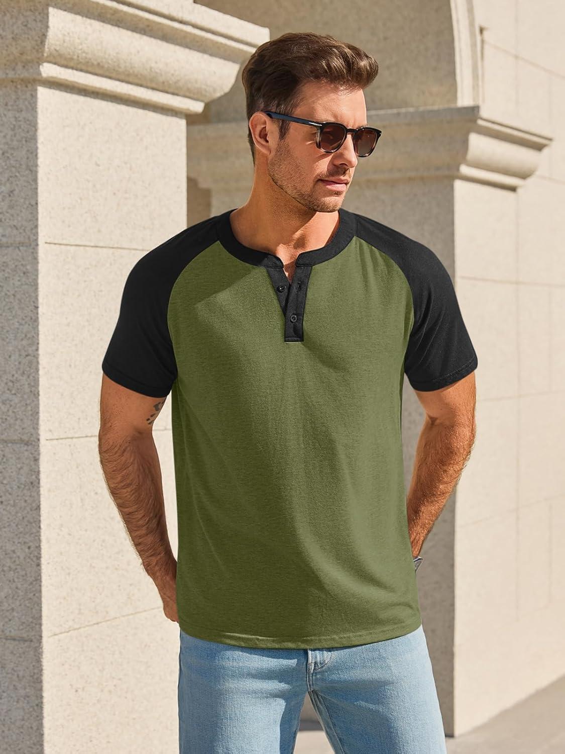 imageRuncati Mens Henley Shirts Raglan Short Sleeve Casual Baseball Tees Summer Classic Color Block Workout T ShirtsArmy Green