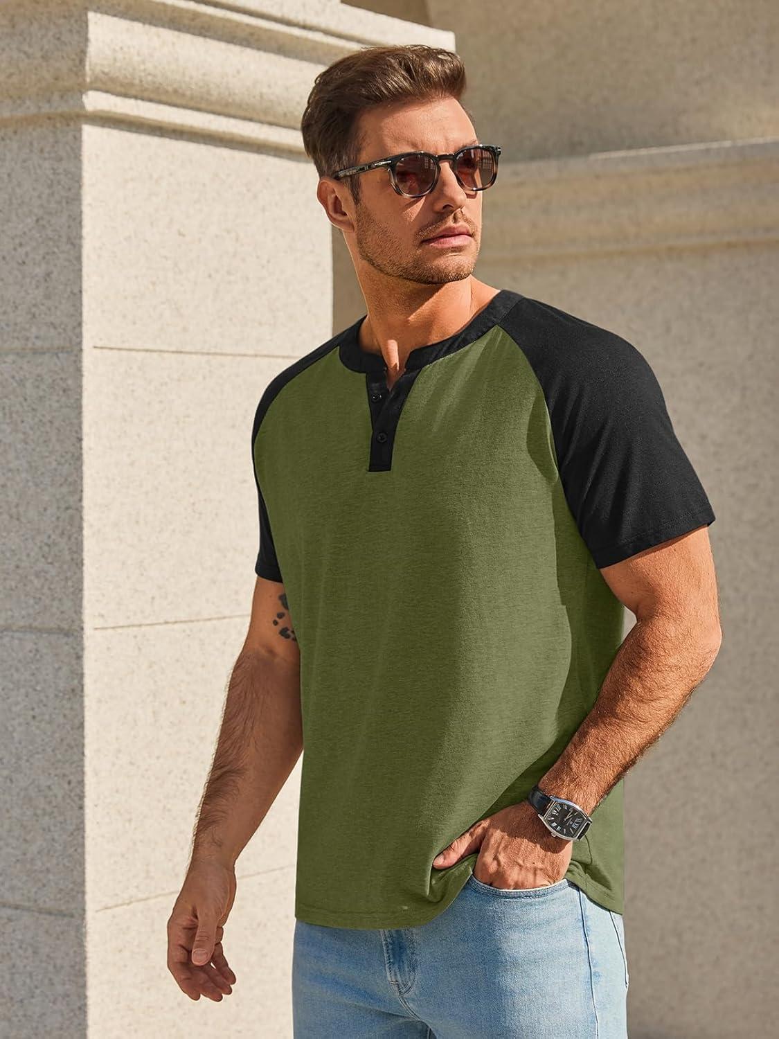 imageRuncati Mens Henley Shirts Raglan Short Sleeve Casual Baseball Tees Summer Classic Color Block Workout T ShirtsArmy Green